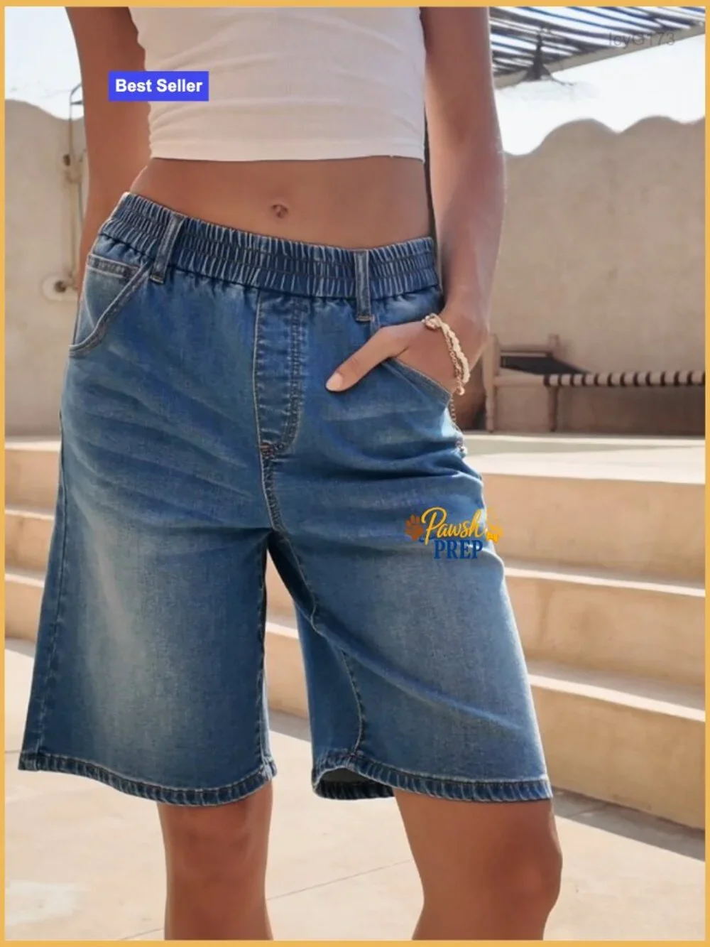 Women's Denim Bermuda Shorts Elastic Waist Baggy Fit Knee Length Jorts